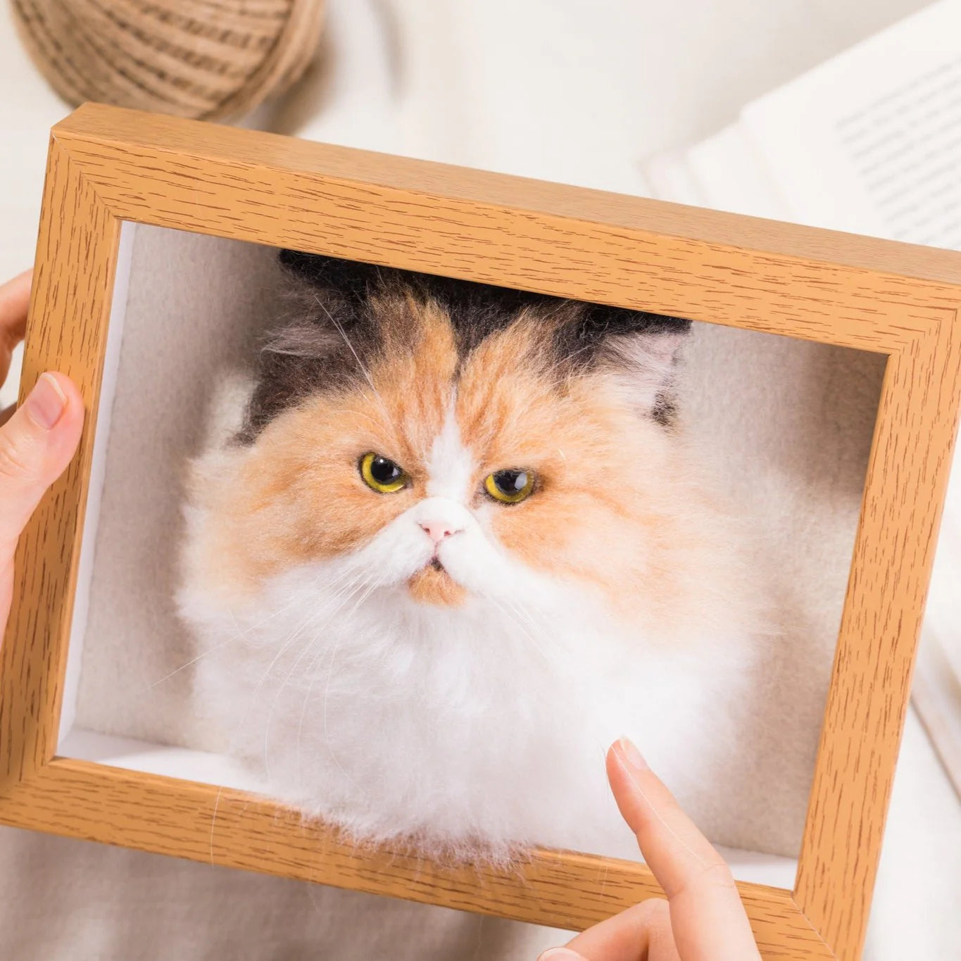 Custom wool felt cat portrait in wooden frame, handmade art