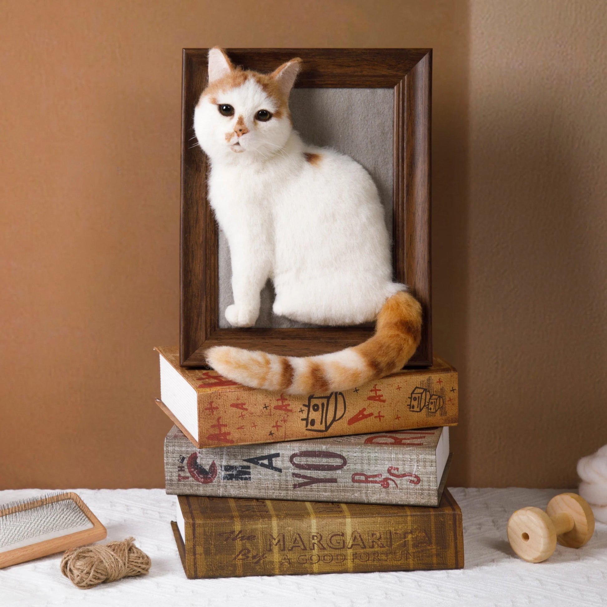 3D wool felt cat portrait in dark wood frame, handmade gift
